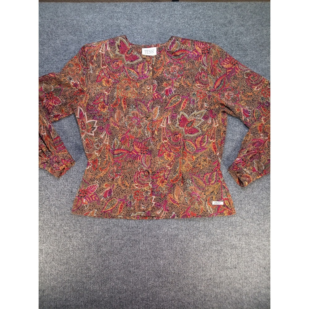 Vintage TESS Womens Size 10 Paisley Floral Blouse Button Front Long Sleeve Retro